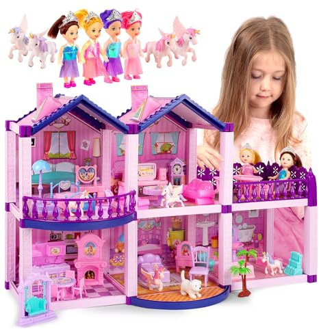 Dollhouse with 4 Princesses, 4 Unicorns, Dog, Furniture and Accessories - Pink and Purple Dream Doll House Toy for Little Girls - 5 Rooms w/Garden, Furniture and Accessories, Gift for Girls Ages 2-7