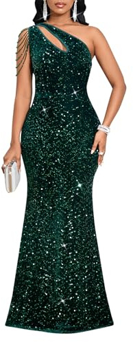 Cololura Women Sequin Elegant Sexy One Shoulder Tassel Oblique Collar Mermaid Bodycon Cocktail Evening Dress Green