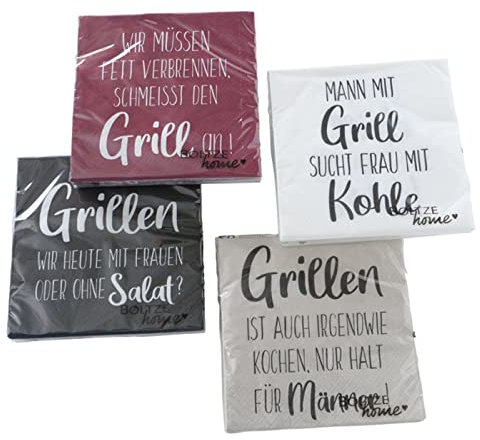 ReWu Servietten Grillen 4er Set 80 Stück Papierservietten Sprüche Napkins Grillparty