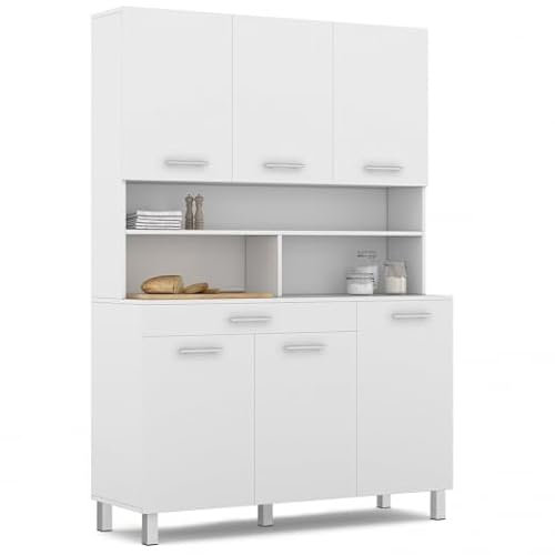 IDMarket - Küchenanrichte, 120 cm, CINA, 6 Türen + Schublade, weiß und weiß glänzend