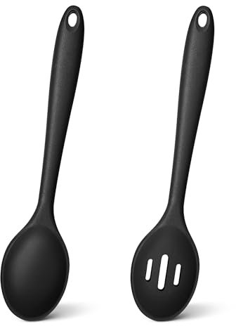 TEAMFAR Kochlöffel, 2 Stück Silikon Löffel Rührlöffel Set, Schwarz Antihaft Küchenhelfer zum Kochen Backen Rühren, Hitzebeständig, Spülmaschinenfest