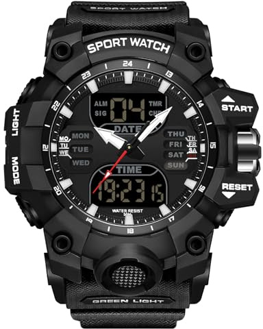 RORIOS Bracelet Militaire Homme Mode Sport Multifonction Électronique Montre Digitale Quartz Double Affichage 50M Étanche Noir B