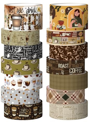 Kaffee-Thema Washi Tape Set, 14 Rollen Vintage Arts Crafts Tape für Scrapbooking Zubehör, Junk Journal, Bullet Journaling, Vision Board Supplies