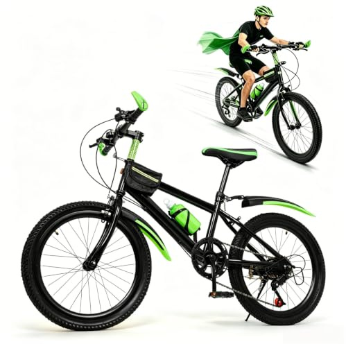 HuKaiL 20 pollici, mountain bike per bambini a 7 marce, regolabile in altezza con freno a pinza e freno di stazionamento, biciclette con portaborracce e campanella con bussola per strade, aree montane