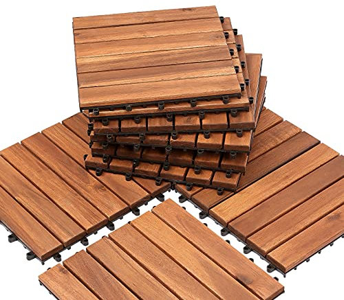 Eulenke Holzfliesen Terrassenfliesen aus Akazien Holz, 4m², 44 Stück Gartenfliesen 30 x 30 cm, Klickfliesen Terrassenfliese 6 Latten Fliese für Garten, Terrasse, Balkon