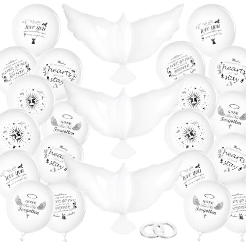 JJUNW 23 Stück Weiße Trauer Luftballons, Friedenstaube Beerdigung Luftballons Deko immer in unseren Herzen In ewiger Liebe Latexballons für Trauerfeier Beerdigung Jubiläum Gedenkdienste