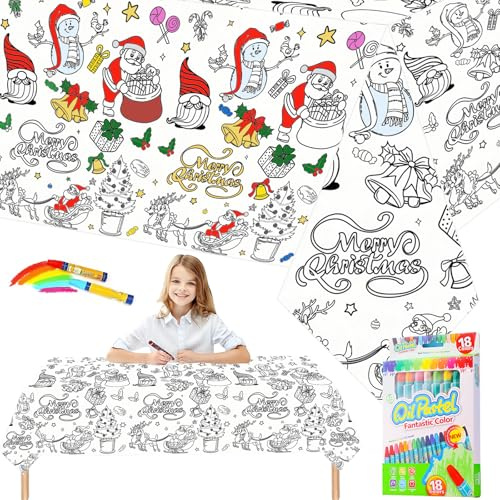 Christmas Giant Colouring Table Cloths for Kids,Xmas Party Tablecloth Colouring Poster with 18 Paint Pens,54x108inch Colour In Table Cloth Drawing Paper Roll Table Cover Colouring Sheet for Kids Party