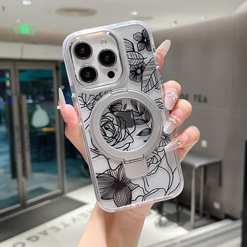 XIZYO Magnetic Case for iPhone 14 Pro Max with Magnetic Ring Stand, Cute Clear Rose Flower Floral Pattern Compatible with MagSafe, for Girls Women Shockproof Kickstand Phone Case, Silver