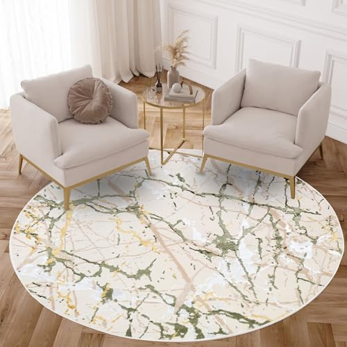 TAPISO Crystal Rund Teppich Kurzflor Glänzend Hellgrün Gold Creme Weiß Marmor Verwischt 3D Effekt Wohnzimmer Schlafzimmer Modern Design ÖKO-TEX 160 x 160 cm