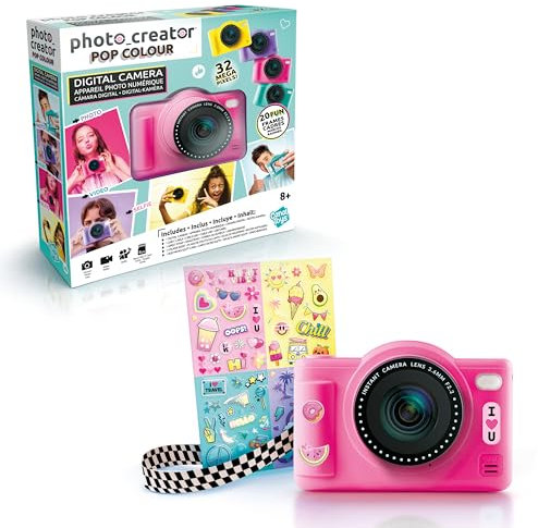 Canal Toys - Cámara Digital Infantil de Doble Lente (Mini cámara compacta Rosa con Modo Selfie para 8 años – 32 megaPixeles, Pantalla LCD, 20 Marcos y 5 filtros, Tarjeta SD de 4 GB incluida