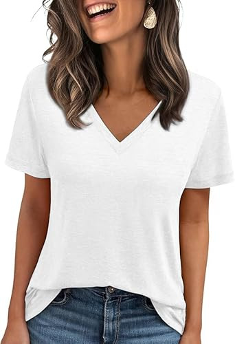 Cuptacc T Shirt Femme Top Femme Ete Tshirt Sport Col en V Manches Courtes Basic Haut Blanc XL 46-48