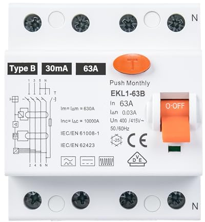 VDE-Zertifizierung FI Schutzschalter 63A 30mA 4 Polig Typ B | VDE Geprüft | Fehlerstromschutzschalter Allstromsensitiv | Für Wallboxen & Ladestationen | RCD Sicherung