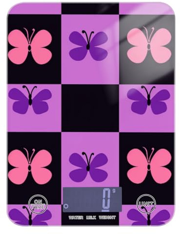 Báscula de pérdida de peso con mariposas, a cuadros, 5 kg, 5 g, báscula de cocina precisa para uso doméstico, con 4 unidades para pérdida de peso, dieta, asado, pesa para, negro y morado