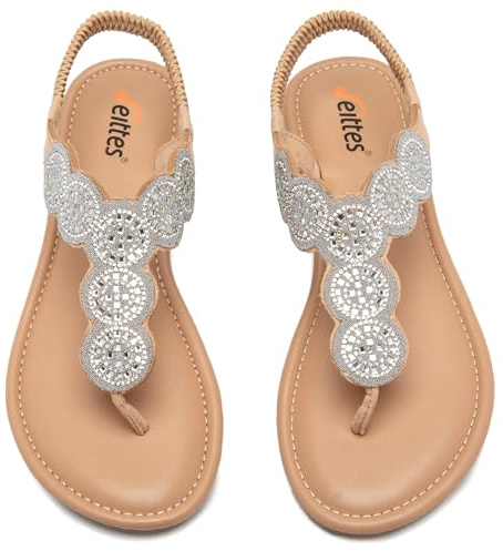 Veittes Sandali da donna Bohemian piatti – Sandali estivi casual con decorazione di strass, suola in gomma, glitter leggeri e comodi sandali estivi con cinturino alla caviglia, De7004 argento, 43 EU