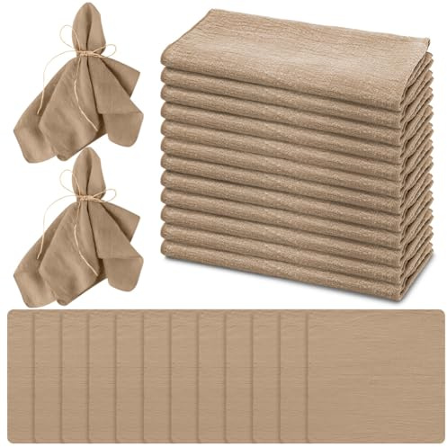 LOMUG 12 stycken tygservetter, linneservetter 42 x 42 cm, återanvändbara servetter tyg, bomullsservetter tyg med 10 m snöre för födelsedagsfest (kaki, lås kanten)
