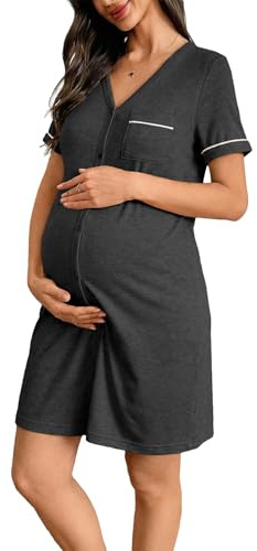 BLENCOT Womens Labor and Delivery Gown Maternity Pajamas Dress Short Sleeve Button Down Birthing Nightgown Hospital Nursing Sleep Shirts with Pocket Dark Grey L