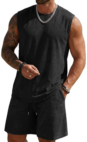 JMIERR Men's Tracksuit Cotton 2 Piece Water Wash Tank Top Sleeveless Tops and Short Vintage Summer Set