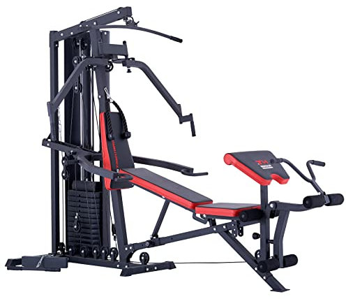 Train Hard Multifunktion Kraftstation Multistation Home Gym aus Hantelbank Seilzugstation Curlpult Butterfly und Beintrainer mit 85 kg Gewichten