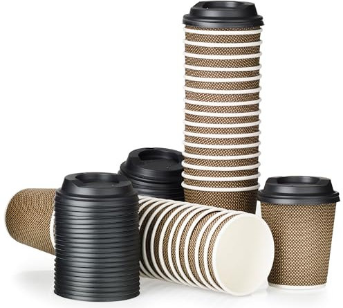 Signature Packaging - Luxury Ripple Paper Cups - 8oz / 236ml - 50 Pack - Insulated Takeaway Coffee Cups Disposable with Lids
