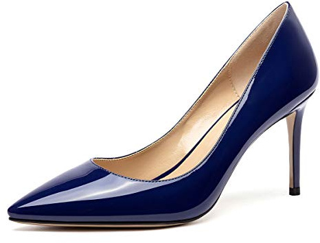 Castamere Damen High Heels Spitzen Zehen Mode Stilettos Slip-On Pumps 8.5CM Blau Navy Lackleder Schuhe EU 40
