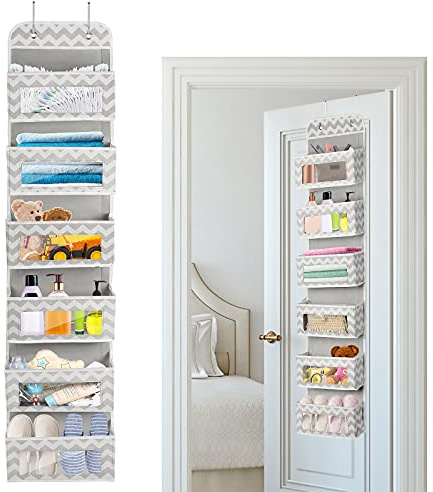 Over The Door Organizer Hanging Storage Bag with 6 Clear Window Pocket Organiser Closet Wardrobe Storage Organizer for Clothes, Lingerie, Toys, Cosmetics, Toiletries, Handbags and More Accessories