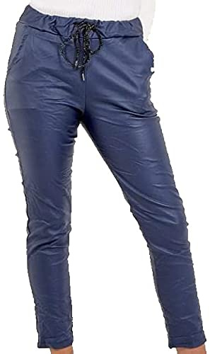 Fashion Trends Ladies Faux Leather Look Wet Look P. U. Magic Trousers Joggers Pants Stretchy Italian UK Size 10-20 (Navy, 16)
