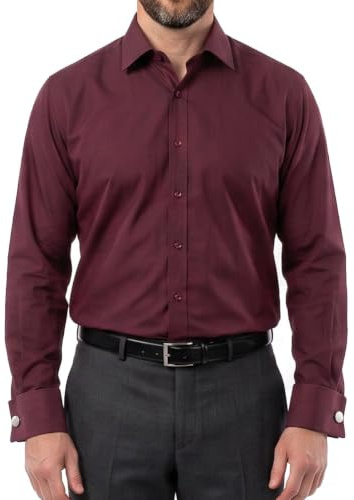 Men's Plain Dress Shirts,Long Sleeve,Double French Cuff with Cufflinks Included,Regular Fit, 14 Colours, Business Wedding Work Shirt by Janeo British Apparel. Burgundy, 16.5 inches