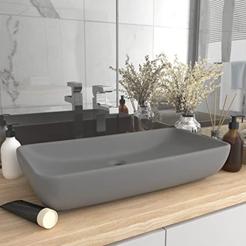 HOMIUSE Lavabo de Luxe Rectangulaire Gris Clair Mat 71x38 Cm CéRamique Vasque à Poser Salle de Bain Lavabo Salle de Bain Lavabo Wc Lave-Mains éVier-Lavabo à Poser Sur Meuble Lavabo sur Table