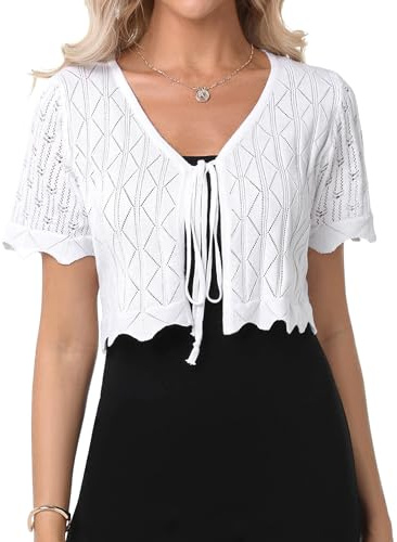 Gyabnw Cárdigan Corto Mujer Boleros para Vestidos de Fiesta Mujer Manga Corta Torera Elegante de Punto con Cuello en V Bolero de Fiesta Boda Cárdigan Cómodo Casual Moda para Verano