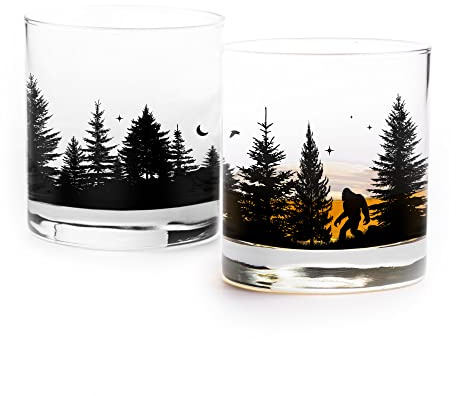 Black Lantern Bigfoot in the Forest Whiskey Glass Set of 2 – 11oz Heavy Base Old Fashioned Rocks Glasses – Screen Printed Design with Gift Boxes