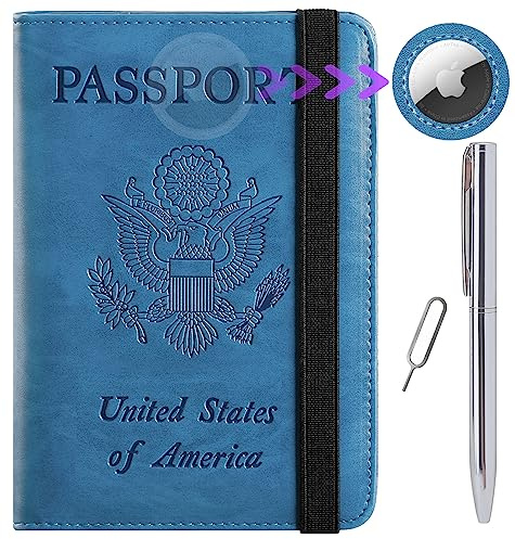 Airtag Passport Holder Cover Wallet Travel Essentials RFID Blocking Leather Card Case International Must Haves Travel Accessories for Women Men(119#Blue)