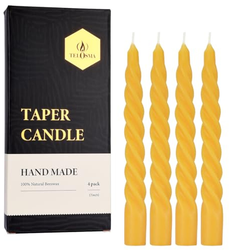 Juego de 4 velas cónicas de cera de abeja, velas largas en espiral sin goteo para cena, boda, fiesta, Navidad, decoración del hogar, 7.5 pulgadas de alto, amarillo