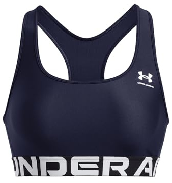 Under Armour Donna HeatGear Mid Branded, Reggiseno Sportivo Elasticizzato con Sostegno Medio, Top Sportivo da Palestra con Doppia Fodera Non Imbottito,Midnight Navy/White,LG