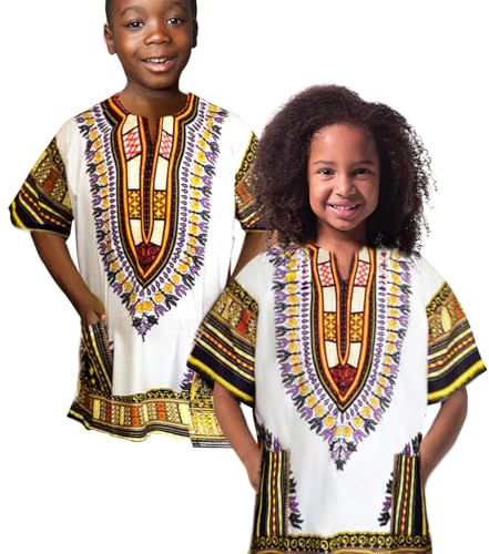 Adalex Global Dashiki African Kids Shirt Traditional Design, Authentic Clothes for Children Ethnic Patterns and African Print Boy Girl (UK, Age, 6 Years, 8 Years, Regular, White Orange Yellow)