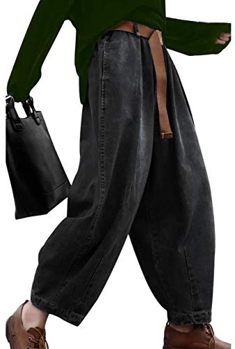 YESNO Women's Ladies Casual Baggy Jeans Cropped Denim Half Elastic Waist Trousers with Pockets 2XL PJDTYP1 Black UK