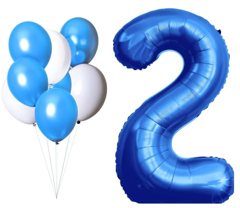 LAC Palloncino Numero 2 Blu - Kit Palloncini Compleanno 2 Anni, 5 Pz Blu e 3 Pz Bianchi - Palloncini Compleanno