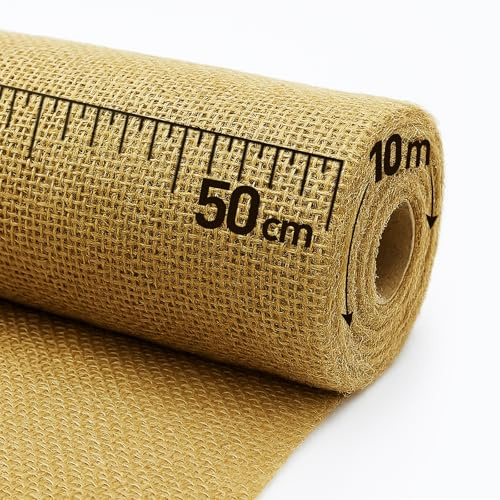 50 CM X 10M Rollo de Yute Natural, Camino de Mesa Rústico de Tela Arpillera Yute Natural, Decoración para Comedor, Boda, Bautizo, Comunión, y Eventos Especiales