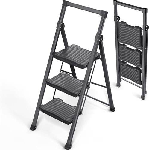 KINGRACK Escalera Plegable de 3 Peldaños Capacidad de 400 kg con Pedales Antideslizantes Anchos, Barandilla, Escalera de Tijera de Acero, Escalón Taburete para Hogar Cocina Oficina, Negro
