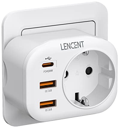 LENCENT Ladron Enchufe USB C 4000W, Cargador con Carga Rápida QC3.0+PD20W, Cargador con 1 Toma de CA & 3 Puertos USB, para Móvil, Tableta, Adecuedo para Familia, Cocina y Oficina