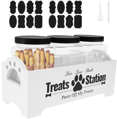 Sutowe Conteneur de Nourriture pour Chien avec 3 Bocaux à Friandises en Plastique, Boîte Alimentaire pour Animaux de Compagnie en Bois Mignon, Conteneur Croquettes Chien pour Chat, Petit Animal