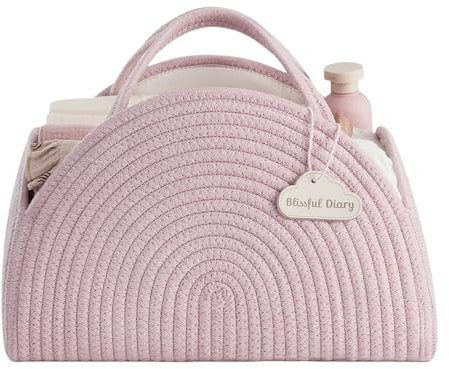 Wickeltasche Organizer, Baby Windel Caddy Korb, Tragbarer Aufbewahrungskorb für den Wickeltisch, Wickelkorb Organizer mit Fächern & Griffen, Baumwollseilkorb für Babyparty Geschenke (Rosa)