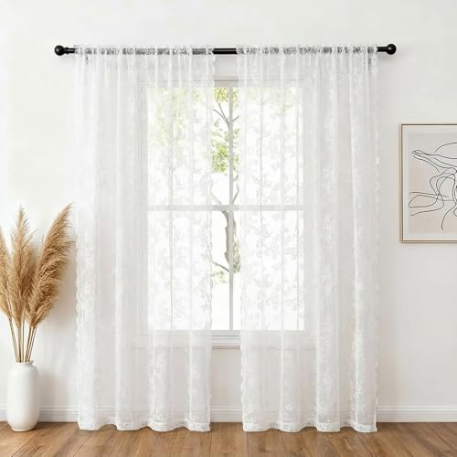 NAKIHOUSE Tenda in Voile di Pizzo, 2 Pannelli Tende a Rete per Finestre 63 Drop (160 cm), Eleganti Tende Trasparenti con Passanti, Filtraggio Luce Voile Bianche per Camera da Letto Soggiorno, Tende