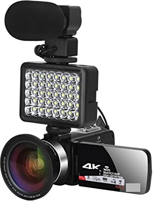 EKOUQIN Cámara de Video Digital Videocámara Profesional 4K Kit de vlogging de luz de Relleno for transmisión con 16X Zoom Fotografía Película, Disco, transmisión(16G SD Card,Lens Light Mic)