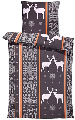 one-home Winter Biber Bettwäsche Baumwolle Kuschelig Flauschig Warme Weiche Bettbezüge Modern, Größe:2 teilig 135x200 cm, Farbe:Rentiere braun
