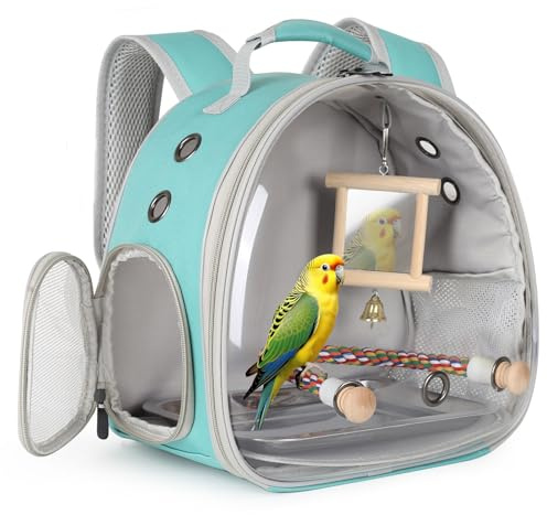 Transparent Bird Carrier Backpack with Pet Mirror Stand Toy, Portable Travel Parrot Cage Backpack with Parrot Stand Perch, Pet Travel Bag for Parrots, Cockatiels, Love Bird,Small Birds