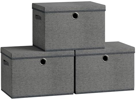 SONGMICS Aufbewahrungsboxen, 3er Set, mit Deckel, Stoffboxen mit Griffen