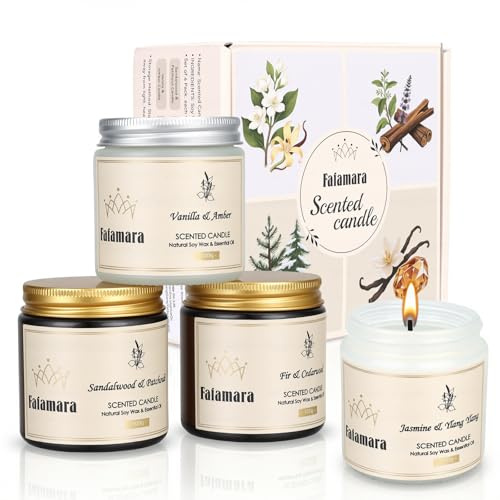 Fafamara Scented Candles Gift Set, Natural, Vegan & Eco-Friendly, Long-Lasting Aromatherapy Candles for Home, Relaxation & Gifting, 4 Signature Fragrances in Reusable Glass Jars