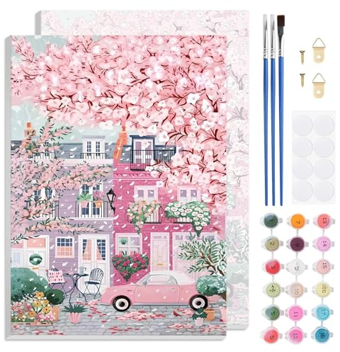 TLIOBLO Paysage Rose Peinture par Numéros avec Cadre pour Adulte, DIY Paysage Peinture pour Adultes Enfants Débutants Facile sur Toile avec Peintures et Pinceaux, Décor Maison Cadeaux 20x30cm