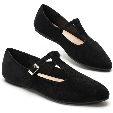 GLAMORA Ballerines Babies Femme Bride T Barre Boucle Réglable Effet Daim Chaussures Plates Bout Amande Salomés Souples Confortables Mary Jane Chaussures Basses