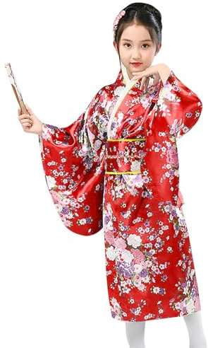 Générique traditionnelle japonaise pour filles Yukata Tenue cosplay anime léger été Vêtement festival culturel (Red, 9-10 Years)